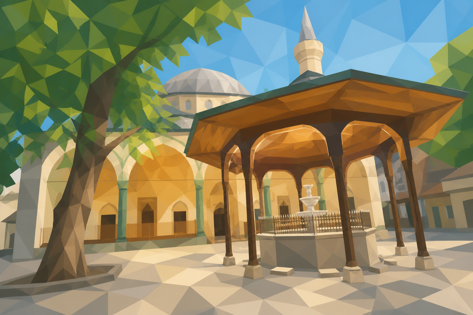 Polygon painting of gazi Husrev-beg's Mosque rises in Sarajevo.
