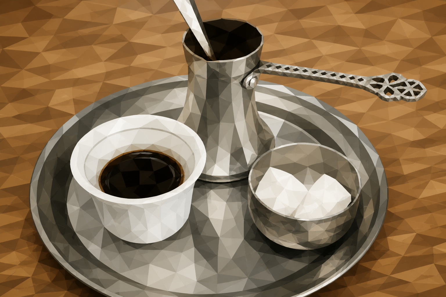 Polygon painting based on the credited Commons photo. A café table used for weekend planning.