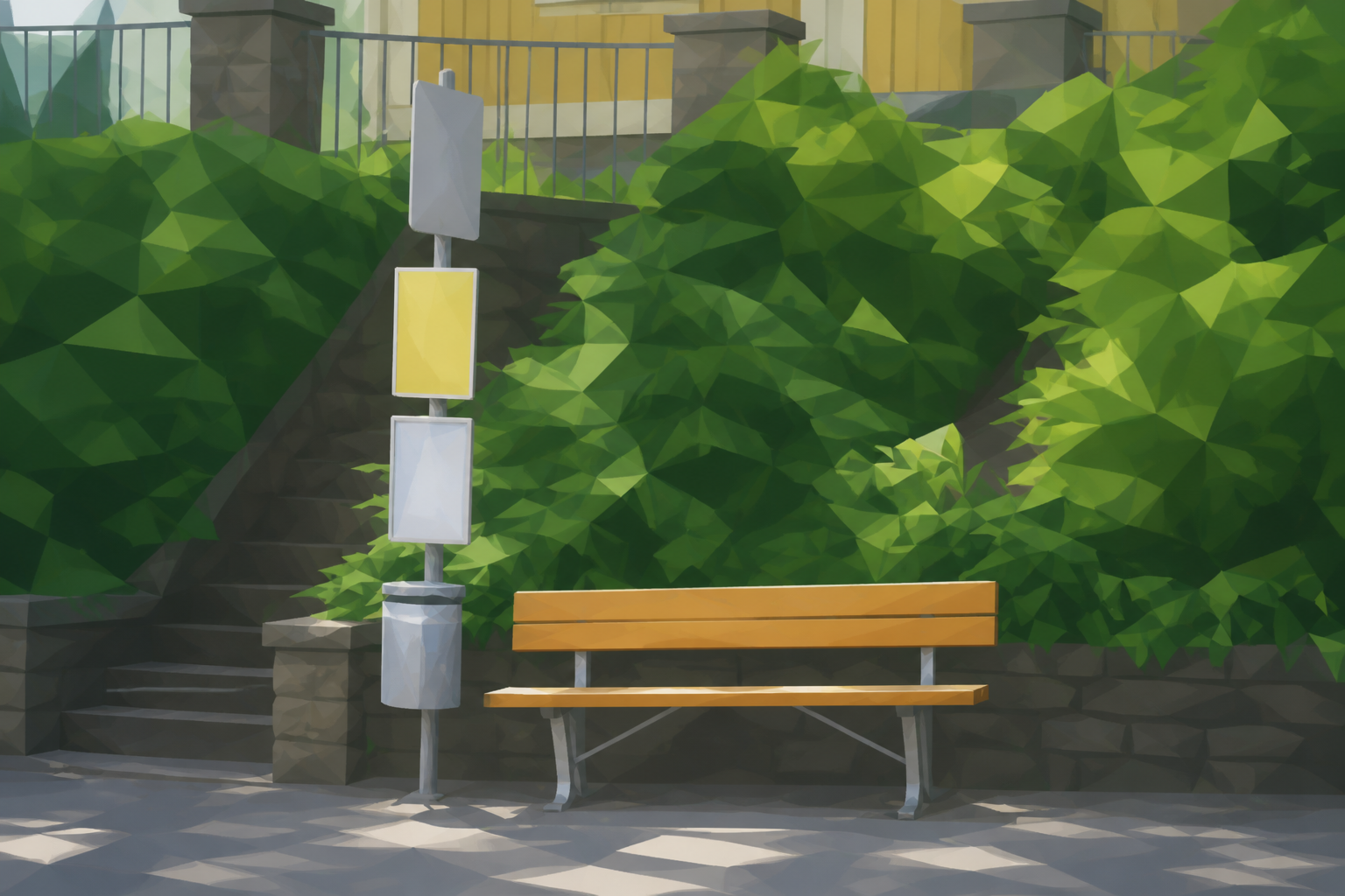 Polygon painting of a rural bus stop matching the Commons source photo.