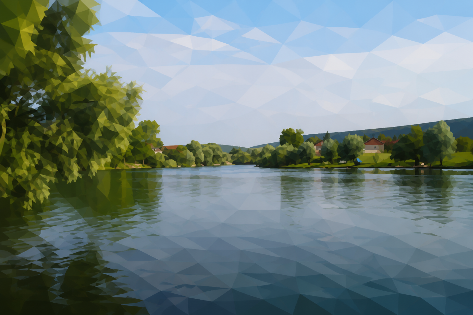 Polygon painting based on the credited Commons photo. An Una River postcard view near Bihać.