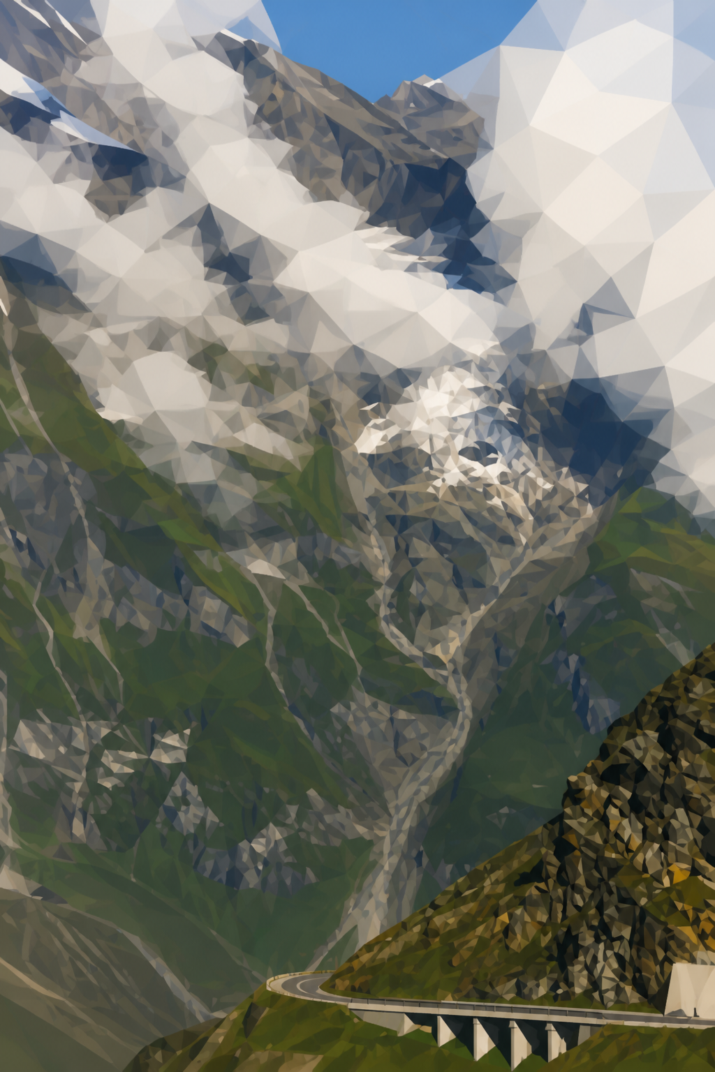 Polygon painting of a winding mountain road matching the Commons source photo.