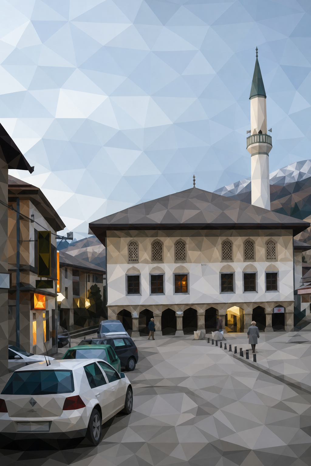 Polygon painting based on the credited Commons photo. A colorful mosque in Travnik old town.