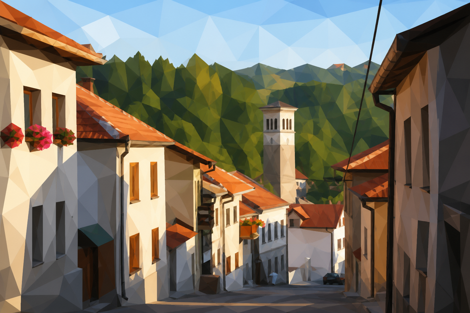 Polygon painting of a Travnik old-town street matching the Commons source photo.