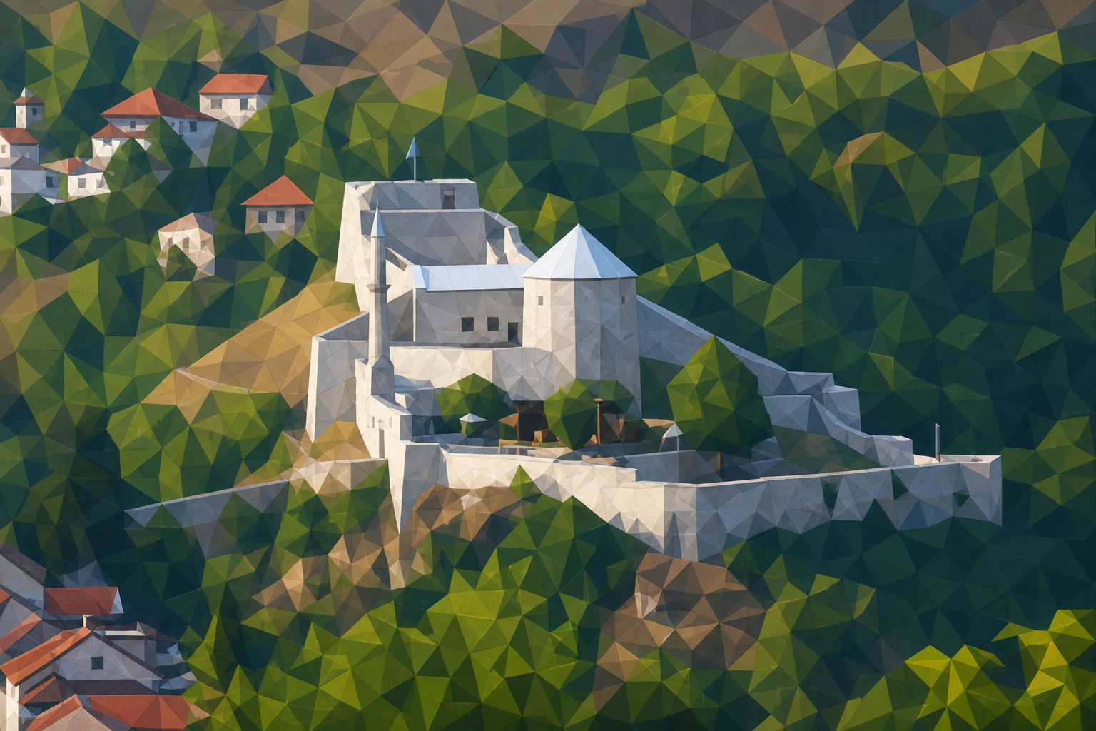 Polygon painting of Travnik fortress on the hill matching the Commons source photo.