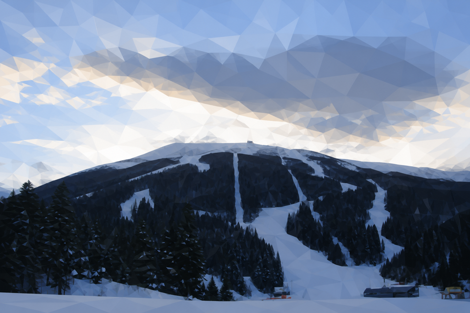 Polygon painting of snowy Bjelašnica with ski runs and summit tower, matching the Commons source photo.