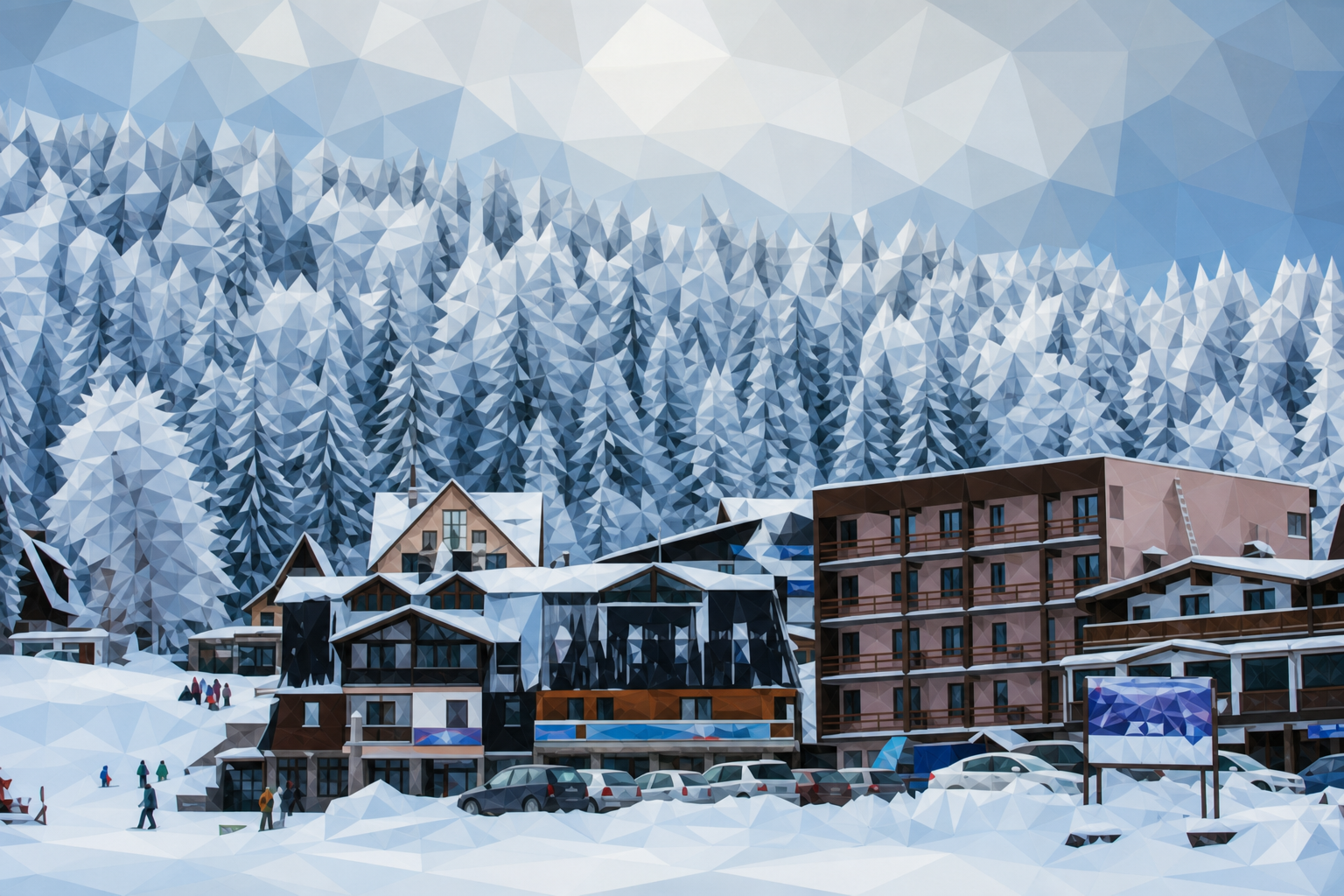 Polygon painting of the Jahorina resort base with hotels, cars, and rime-covered forest, matching the Commons source photo.