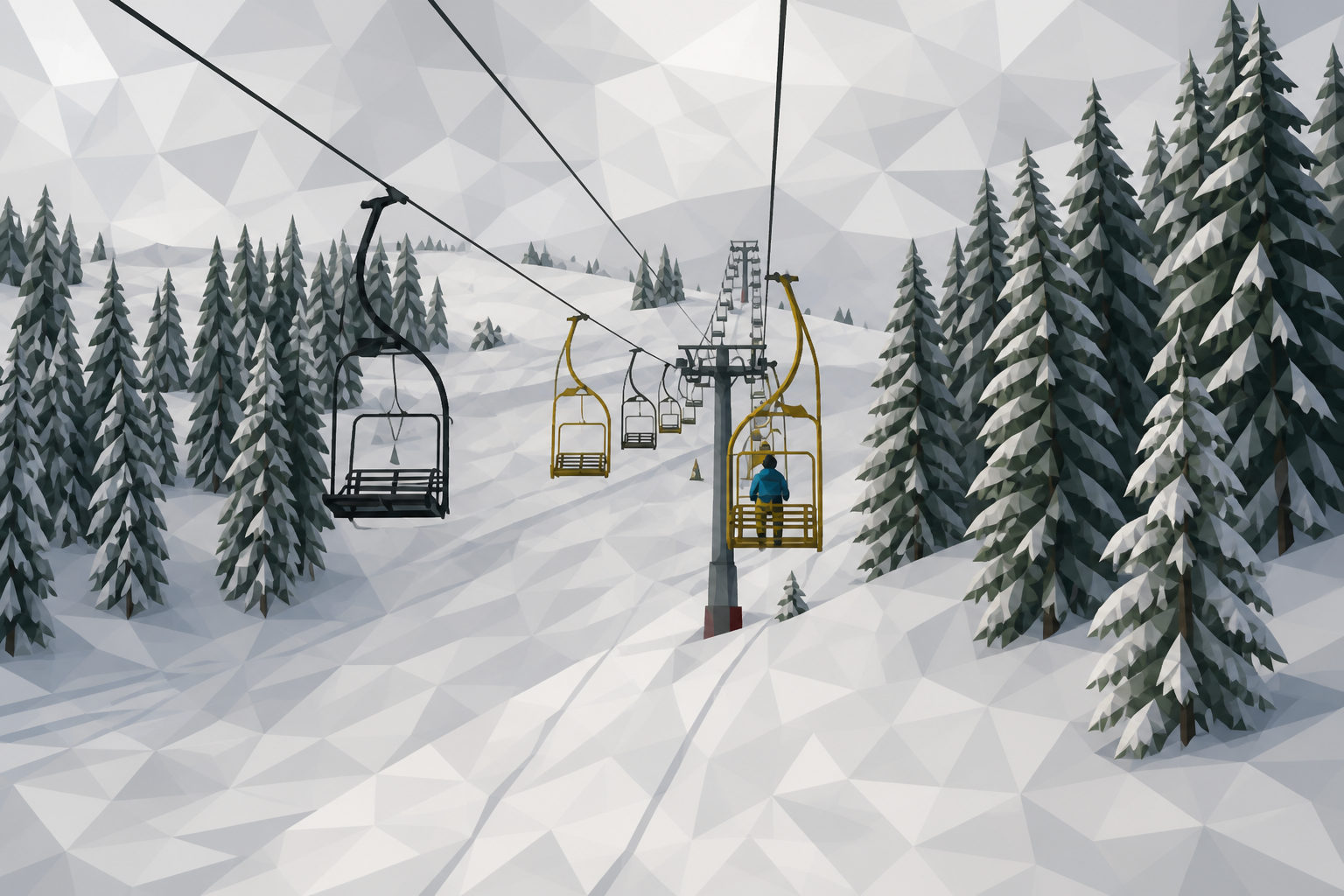 Polygon painting of a yellow chairlift ascending a snowy Jahorina slope, matching the Commons source photo.