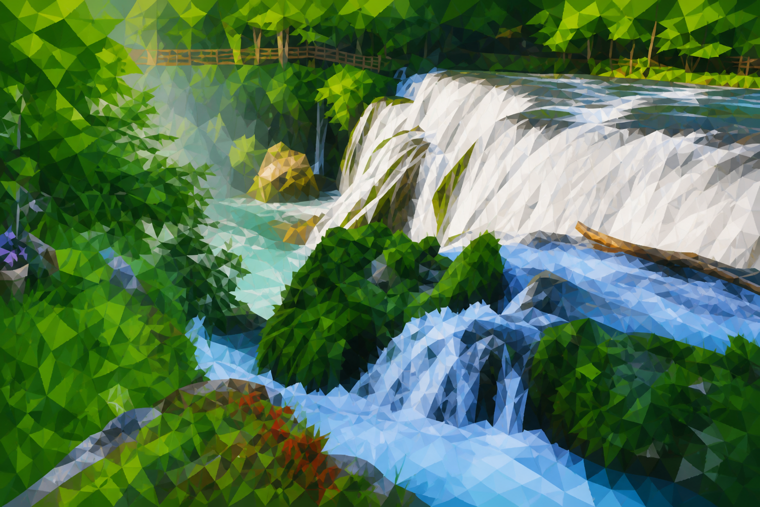 Polygon painting of Štrbački buk waterfall on the Una, matching the Commons source photo.