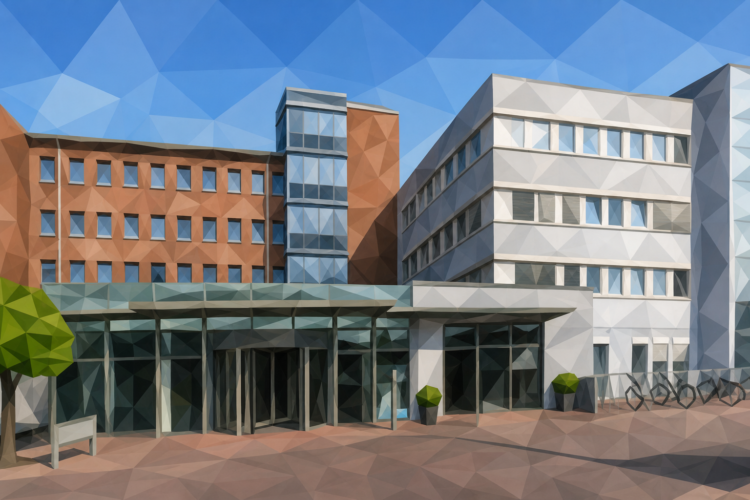 Polygon painting of a clinic hospital entrance matching the Commons source photo.