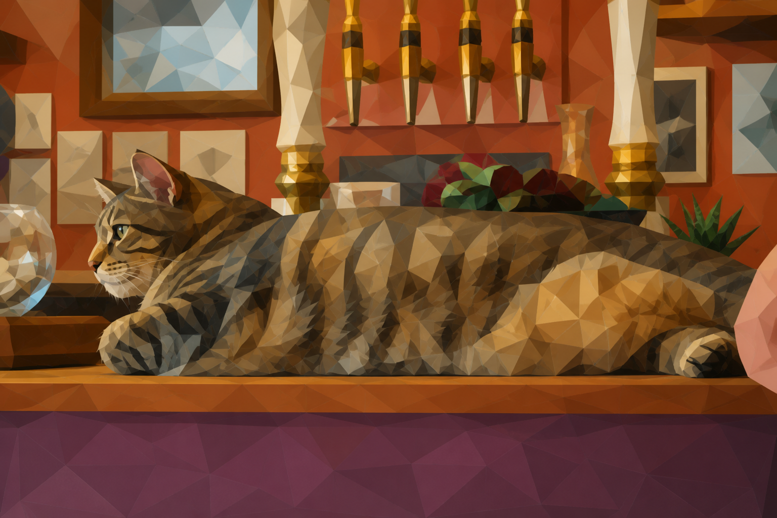 Polygon painting of a cat on a counter matching the Commons source photo.