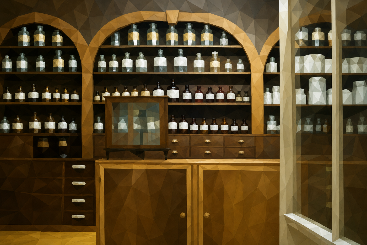 Polygon painting of an interior pharmacy with medicine shelves matching the Commons source photo.