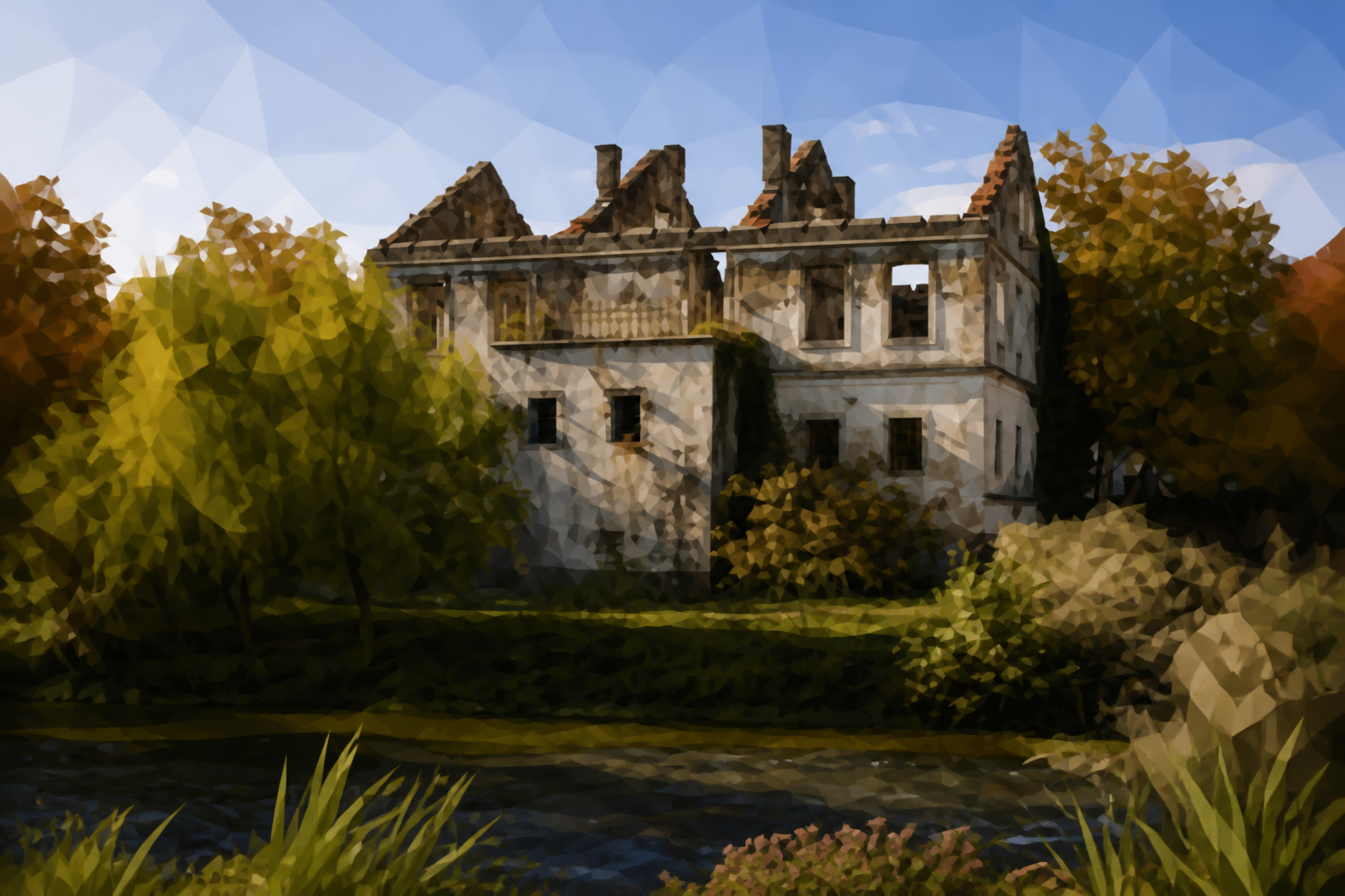Polygon painting of a destroyed house matching the Commons source photo.