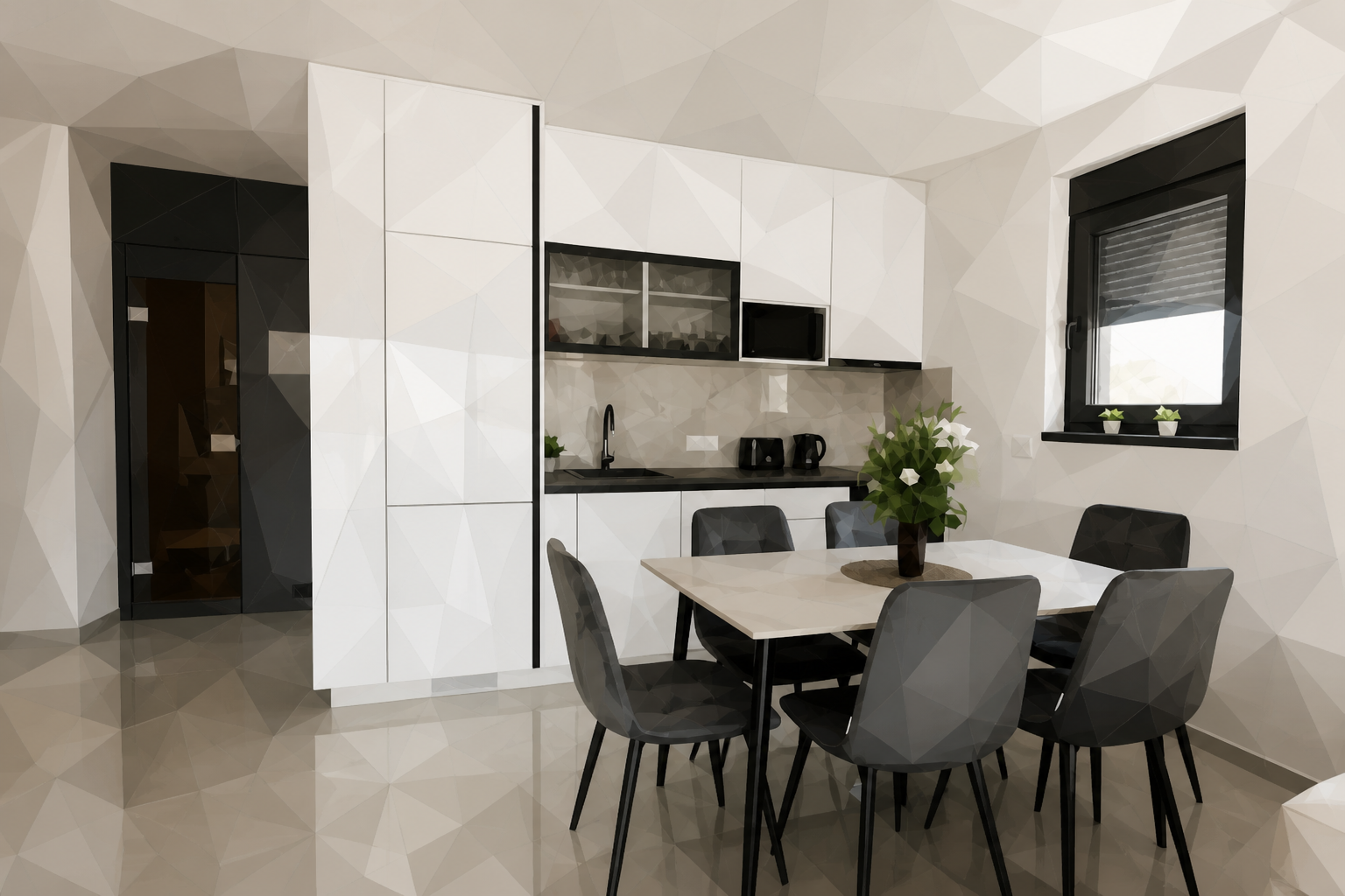 Polygon painting of a bright modern apartment kitchen matching the Commons source photo.