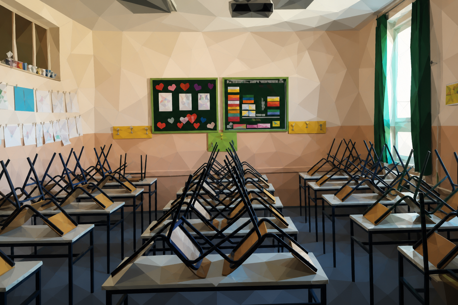 Polygon painting of an empty classroom with desks matching the Commons source photo.