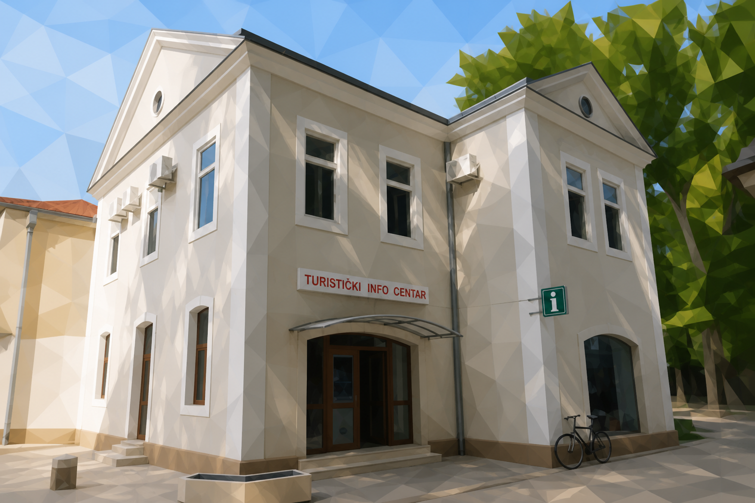 Polygon painting of the Turistički Info Centar facade in Trebinje matching the Commons source photo.