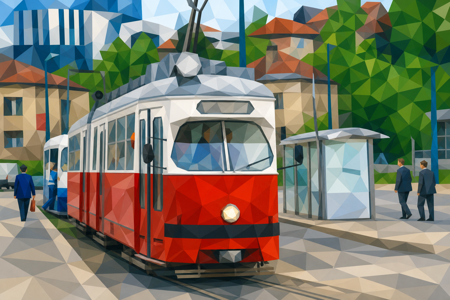 Polygon painting based on the credited Commons photo. A tram commute toward work.