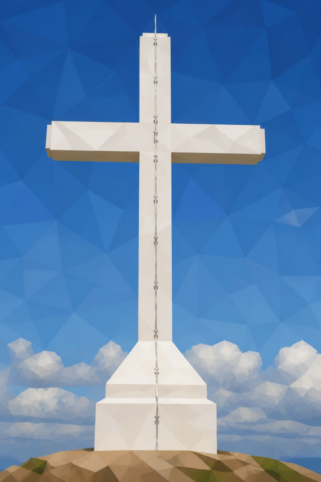 Polygon painting based on the credited Commons photo. A Međugorje hillside cross and pilgrimage path.