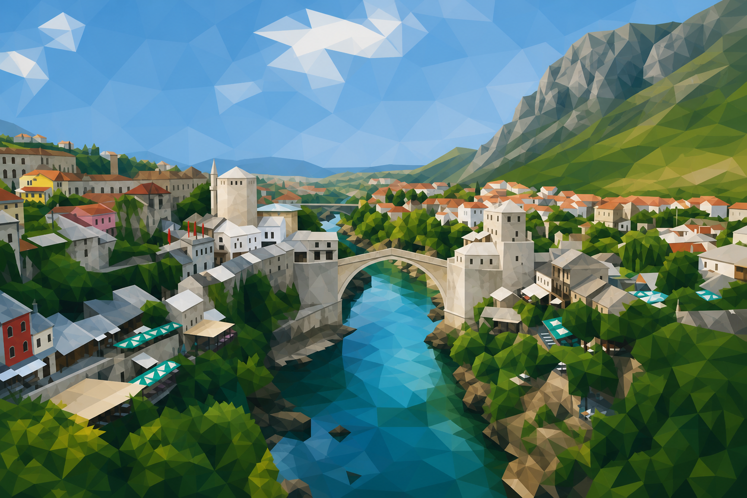 Polygon painting based on the credited Commons photo. Mostar old-town roofs and alleys.