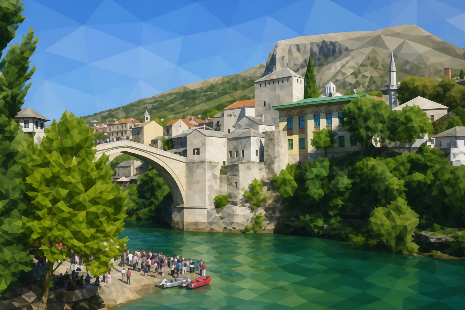 Polygon painting based on the credited Commons photo. Green Neretva river water.
