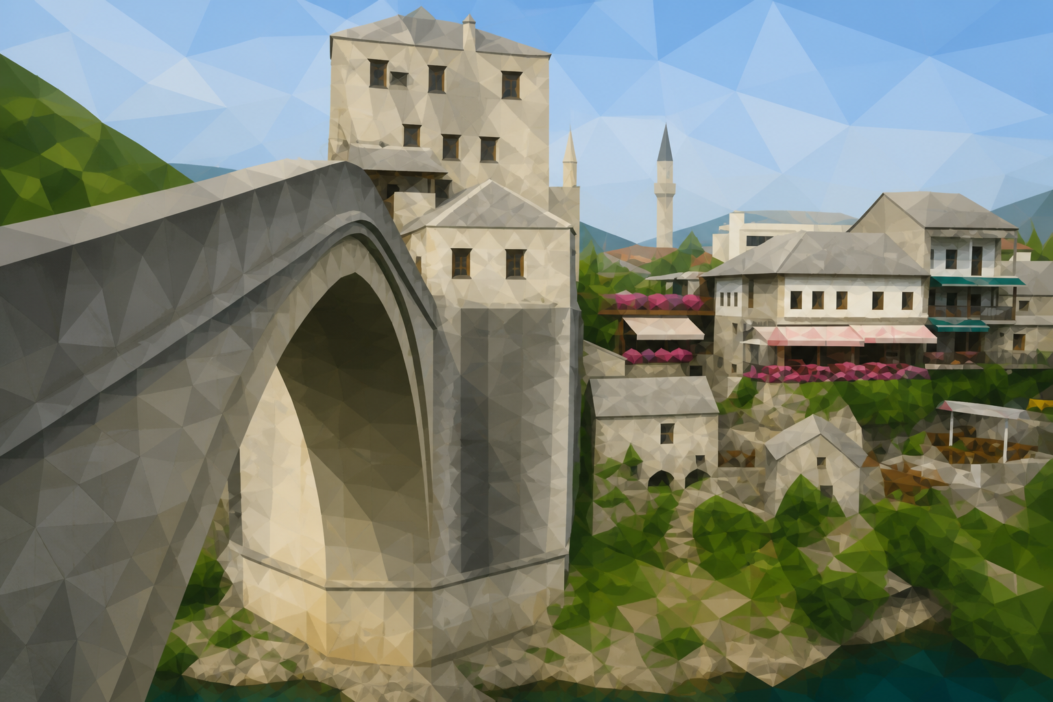 Polygon painting based on the credited Commons photo. Stari Most over the Neretva in Mostar.