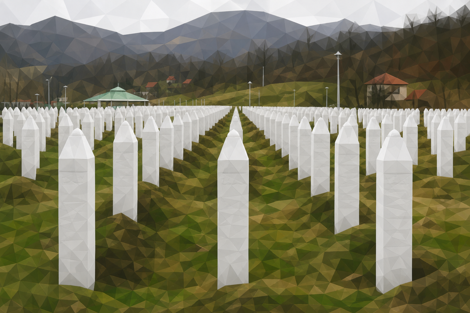 Polygon painting based on the credited Commons photo. The Srebrenica memorial cemetery in solemn light.