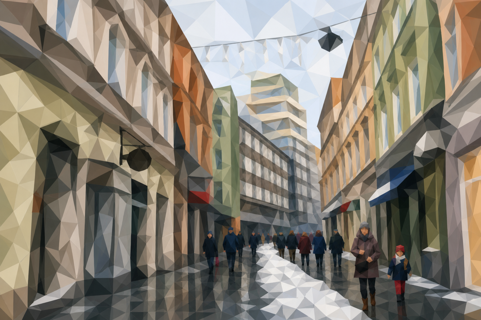 Polygon painting based on the credited Commons photo. Letter writing near Ferhadija.