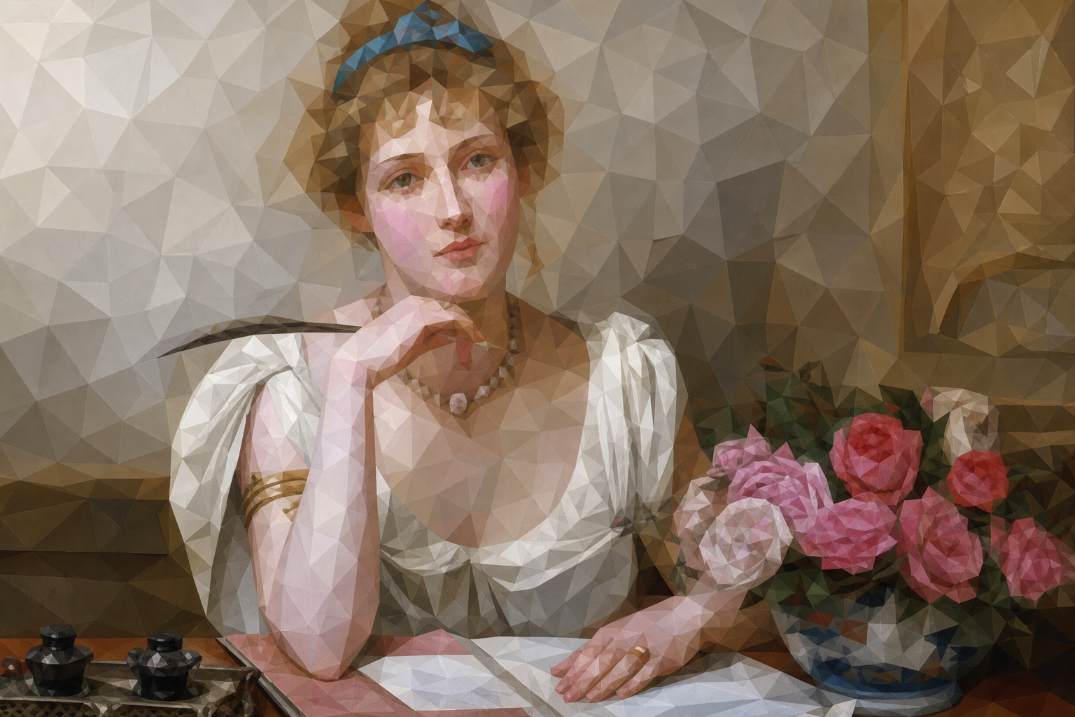 Polygon painting based on the credited Commons photo. A postcard writing desk.