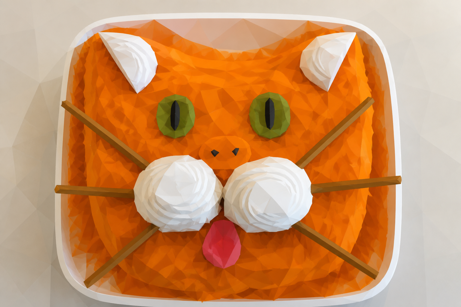 Polygon painting of a cat with a cake matching the Commons source photo.