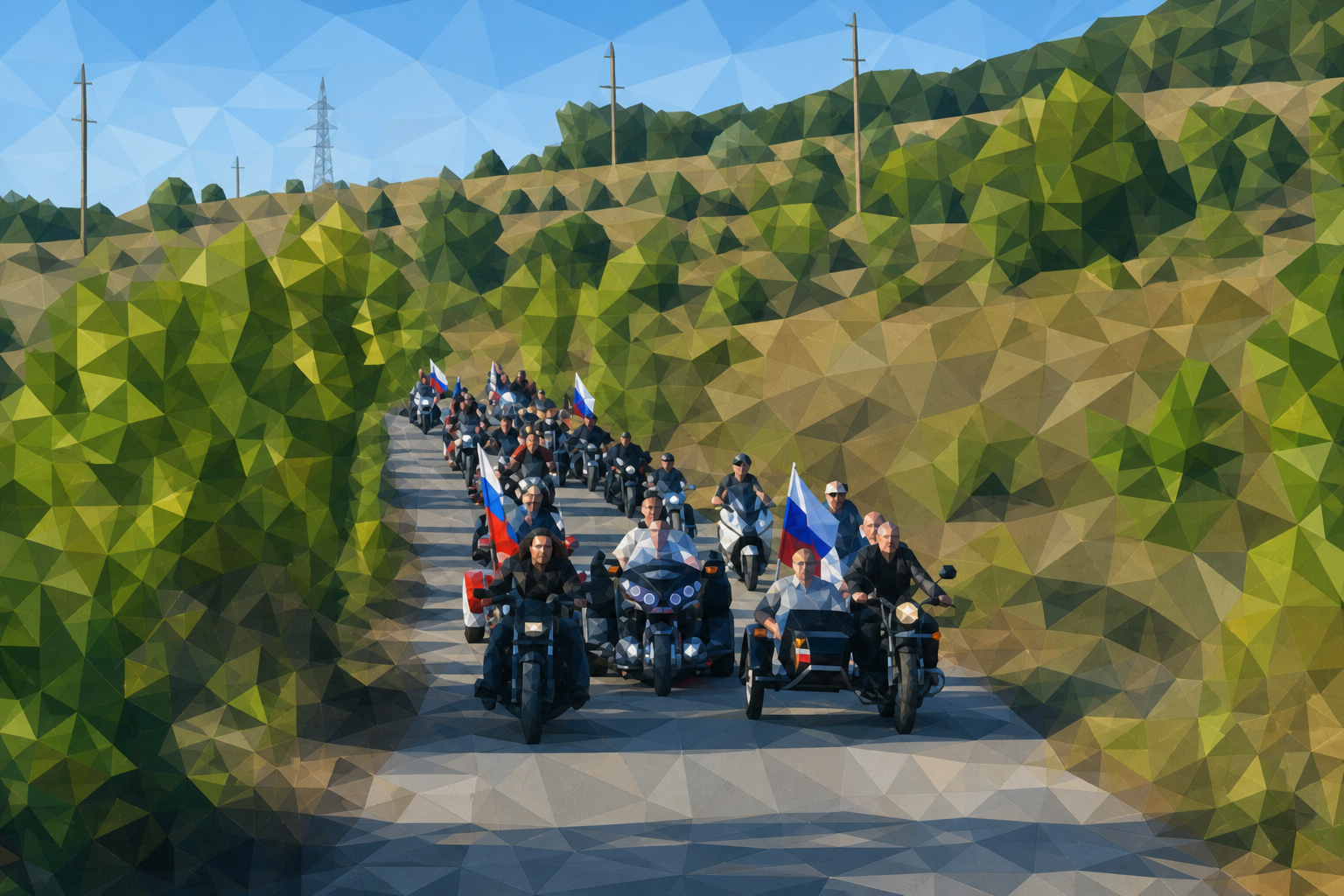 Polygon painting of Night Wolves motorcycles matching the Commons source photo.