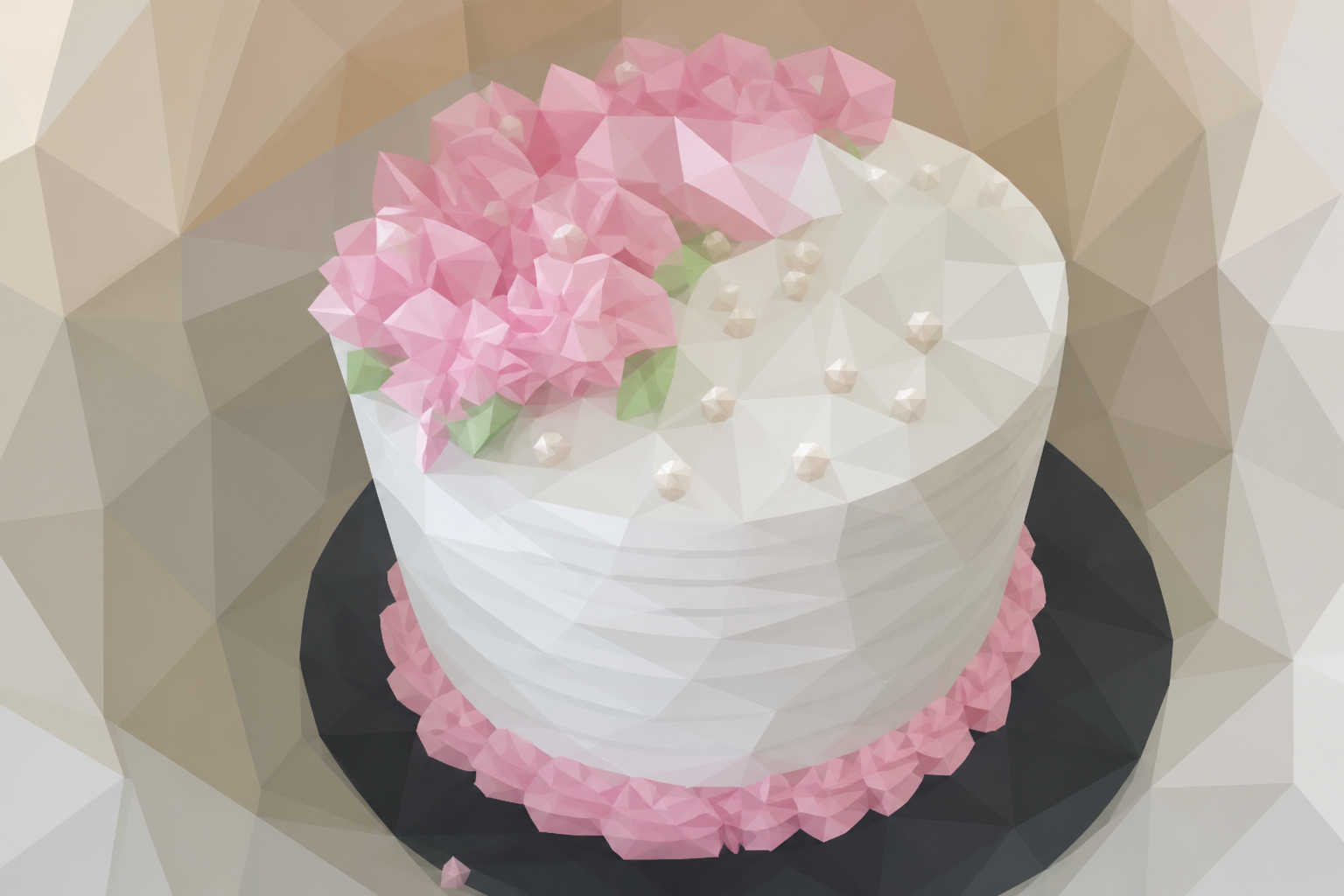 Polygon painting of a birthday cake matching the Commons source photo.