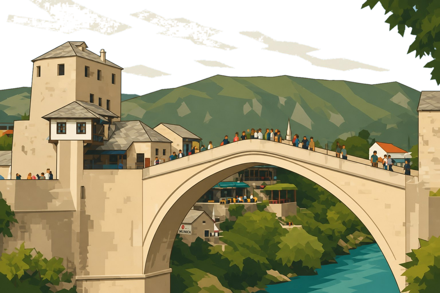 Flat polygon painting of Stari Most, the Old Bridge in Mostar