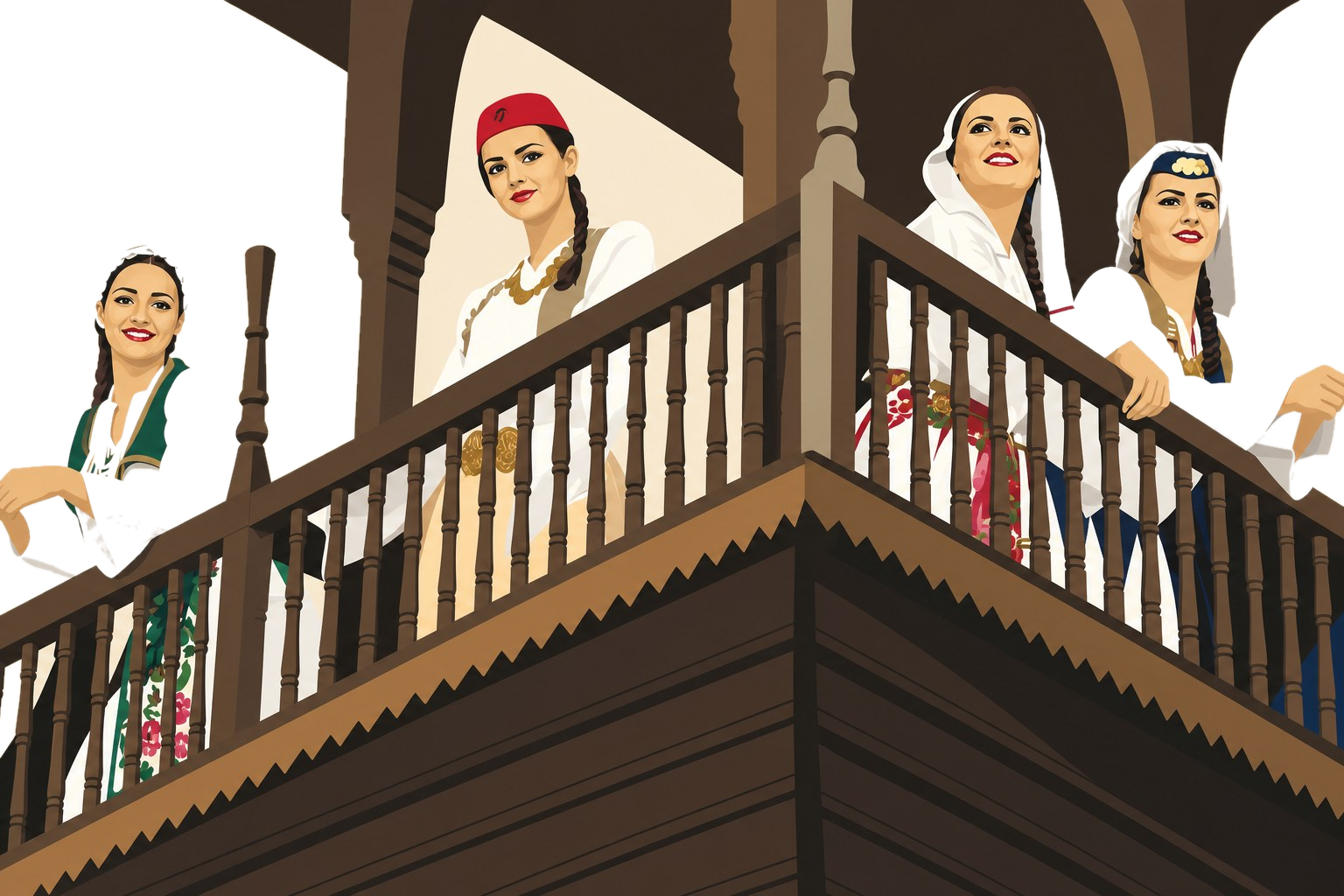Flat polygon painting of women in traditional Bosnian folk dress